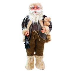 PAPAI NOEL COM CASACO XADREZ LANTERNA E URSO 48CM 16660 - MAGIZI
