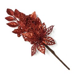 ENFEITE DECORATIVO RAMO FLOR VAZADA C/ GLITTER 32,5CM VERMELHO - NIAZITEX