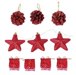 CONJUNTO DE ENFEITE DE ARVORE DE NATAL PINHA ESTRELA E PRESENTE 15