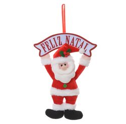 Enfeite Papai Noel Com Placa Natal Vermelho e Branco 38x26cm