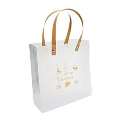 Sacola Pvc Merry Christ 22x25x9cm Branco e Dourado