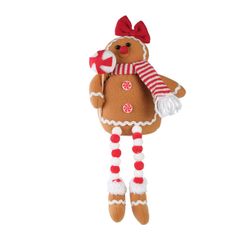 Boneco Natal Gingerbread Sentado Vermelho e Branco 35cm