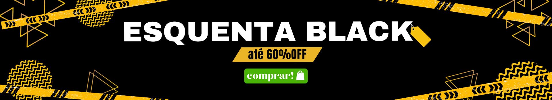 A imagem é um banner promocional com fundo preto e elementos geométricos amarelos. No centro, há o texto em destaque: “ESQUENTA BLACK” em branco, logo abaixo: “até 60% OFF” em amarelo, e um botão verde com a palavra “comprar!” acompanhada de um ícone de sacola de compras.  O visual tem estilo vibrante e chamativo, típico de campanhas de Black Friday.