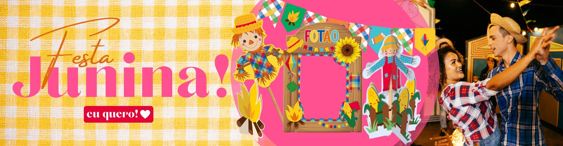 A imagem é um convite ou anúncio visual para uma Festa Junina, com fundo xadrez amarelo e rosa, elementos típicos como bandeirinhas coloridas, espantalhos, fogueira, milhos e um painel de fotos decorado com o nome "FOTÃO". O destaque no topo diz “Festa Junina!” em letras grandes e vibrantes, e há um botão chamativo com a frase "eu quero! ❤️", sugerindo engajamento com o público para compra. A composição é alegre, colorida e cheia de referências visuais ao clima das festas típicas de São João.