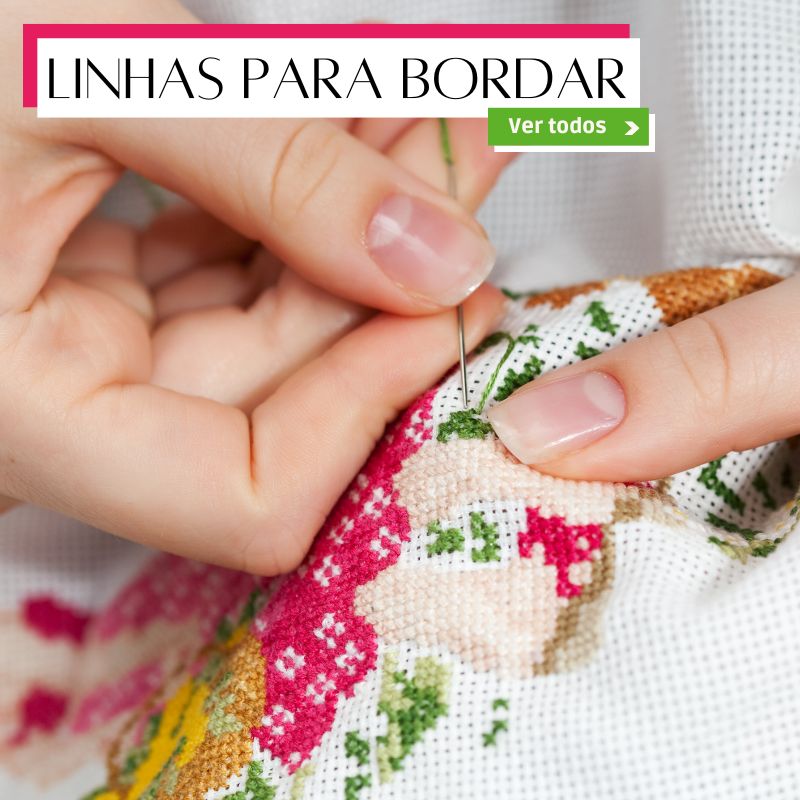 A imagem apresenta uma propaganda de linhas para bordar. No topo, há o texto "Linhas para Bordar" com uma faixa rosa e um botão verde escrito "Ver todos". Abaixo, a imagem mostra um close-up de mãos bordando um tecido com agulha e linha verde, fazendo parte de um bordado colorido com flores nas cores rosa, amarelo, verde e bege.
